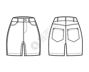 Denim短裤技术时尚图 以中长腰 正常腰部 高身 5个口袋曲线表示磁带草图小样服饰绘画棉布计算机衣服女性纺织品图片