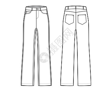 Jeans Denim裤子技术时尚插图 全长 低腰 上升 5个口袋 里维兹 带环棉布草图慢跑者服装衣服女孩们纺织品绘画腰部服饰图片