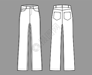 Jeans Denim裤子技术时尚插图 全长 低腰 上升 5个口袋 里维兹 带环女孩服装服饰男人棉布女性腰部慢跑者绘画规格图片