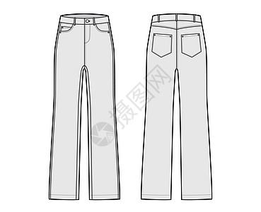 Jeans Denim裤子技术时尚插图 全长 低腰 上升 5个口袋 里维兹 带环设计纺织品加油机腰部绘画男人女性服饰女孩工装裤图片