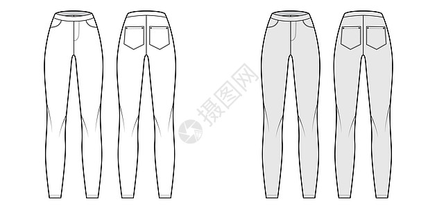 Jeggings 技术时尚插图 标准腰围 高腰 全长 斜口袋 平底裤图片