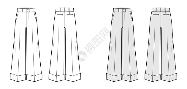 牛福特制技术时装图示 用低腰 上升 全长 倾斜的喷口袋绘制女士女性腰部棉布男人裤子衣服绘画规格小样图片