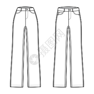 一套直接的Jeans Denim裤式技术时装图示 全长 正常低腰 高起 5口袋纺织品计算机裤子规格衣服工装裤男人慢跑者加油机女孩图片