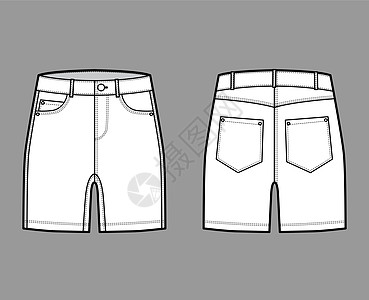 Denim短裤技术时尚图 中长 低腰 上升 弯曲 硬币 角度为5个口袋绘画计算机插图孩子们棉布服饰草图设计女士裤子图片