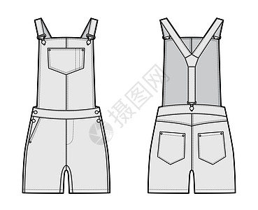 全面穿衣技术时装图示 用迷你长度 正常腰部 高起 口袋显示草图男人成人蓝色女孩工作女性棉布加油机女士图片