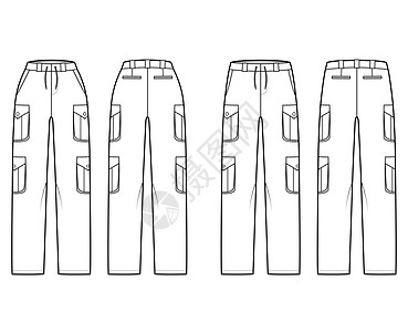一套货物裤子技术时装说明 用普通低腰 高起 口袋 带环 全长图片