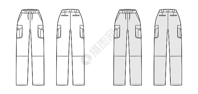 一套可兑换裤子技术时装图解 用正常腰 高上 箱式货物倾卸口袋绘制工装裤敞篷车木匠女性女士腰带压缩孩子们腰部纺织品图片