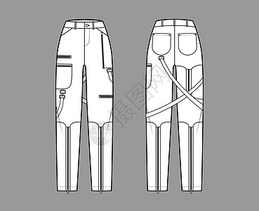 用正常腰部 高身 口袋 带环 全长度平底图解的硬裤裤子技术时装说明腰带设计服装衣服女士计算机纺织品女孩小样棉布图片
