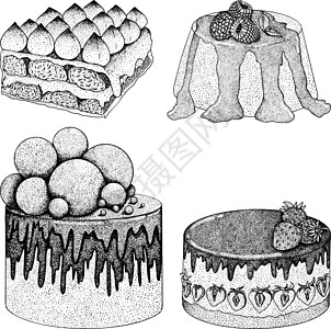 美味的甜点和甜点 手画出流行传统甜点的插图彩页糕点食物假期奶油营养面包牛奶糖果烹饪图片