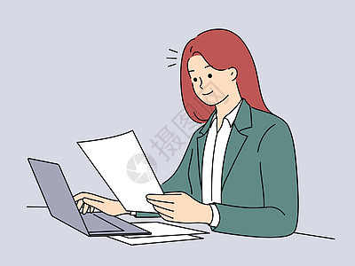 成功的商业女商务人士在笔记本电脑上做文书工作办公室女性企业家笔记公司插图绘画文档客户桌子图片