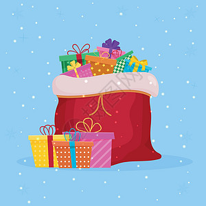圣诞礼物袋打开的圣诞老人带礼物秘密假期设计展示魔法平面包装礼日玩具磁带图片
