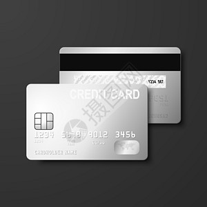 矢量 3d 逼真的灰色银色空白信用卡隔离 用于样机 品牌的塑料信用卡或借记卡设计模板 信用卡付款概念 正面和背面图片