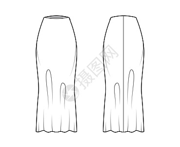 裙长斜裁技术时尚插图 最大长度轮廓 半合身丰满底部模板女性喇叭偏见服饰膝盖小样运动设计女士绘画图片