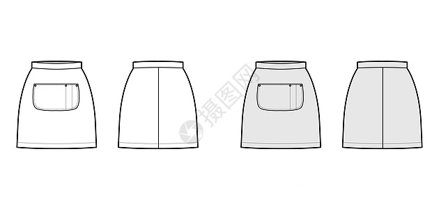 滑天裙围裙技术时装图示 用微型光影 铅笔完整 大中央口袋式平底模板纺织品女士孩子们草图女性棉布织物计算机插图溜冰者图片