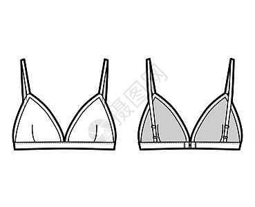 Bra三角内衣技术时装图示 有可调适带 钩子和眼闭合 纯边杯比基尼蕾丝衣服胸部草图计算机插图女士服饰设计图片