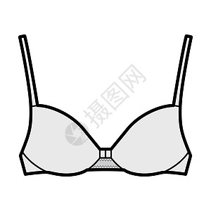Bra前端封闭内衣技术时装图示 配有完全可调整的肩带和模制杯子女性设计胸罩服装身体带子计算机绘画丝带小样图片