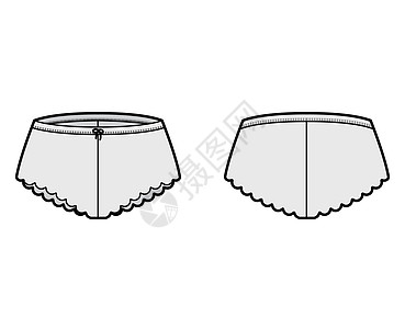 法国短裤技术时装插图 用扇贝边缘 弹性腰带 软内裤和小型短袖内衣比基尼马裤身体瑜伽草图裤子设计棉布小样绘画图片
