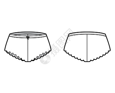 法国短裤技术时装插图 用扇贝边缘 弹性腰带 软内裤和小型短袖内衣比基尼男人设计绘画身体裤子草图计算机女性小样图片