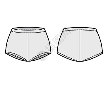Boyleigh短裤拳击手技术时装插图 腰部中抬起 臀部全面覆盖游泳衣棉布设计运动小样健身房草图女士内衣绘画图片