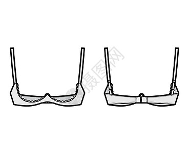 布拉架开杯内衣技术时装图 用可调整的肩带 钩子和眼闭合胸部草图文胸女士服饰计算机胸衣比基尼乳罩服装图片
