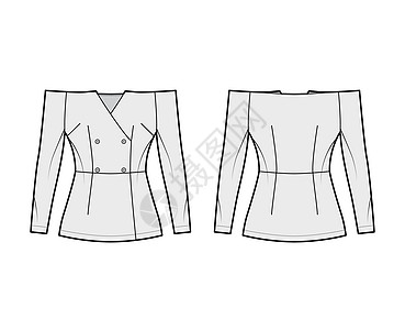 配有装配的光轮 长袖 按钮开关的脱肩双式双乳顶级技术时装插图外套服饰袖子服装身体织物棉布女性脖子女孩图片