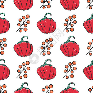 明亮多彩红色南瓜和浆果秋天无缝模式图片
