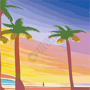 海滩上的老式棕榈树 具有阳光渐变的抽象背景 棕榈树剪影 徽标 图标的矢量设计模板 暑假 日落与彩色背景上的棕榈树娱乐天堂插图旅行图片