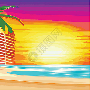 复古棕榈树海滩 具有阳光渐变的抽象背景 棕榈树剪影卡通平面全景景观 日落与棕榈树彩色背景暑假 日出或日落风格幸福打印晴天地平线插图片