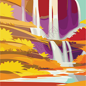秋天森林风貌 岩石上瀑布不断形成 自然景象的矢量漫画插图季节时间植物群太阳落叶林地阳光旅行流动环境图片