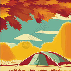 野营海报秋天 在山的早晨风景 在群山的衬托下 在大自然中独处 周末在帐篷里假期男人卡通片手提箱背景林地季节插图旅游植物学设计图片
