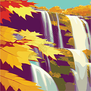 秋天森林风貌 岩石上瀑布不断形成 自然景象的矢量漫画插图落叶地平线环境季节天空辉光花园流动卡通片丘陵图片