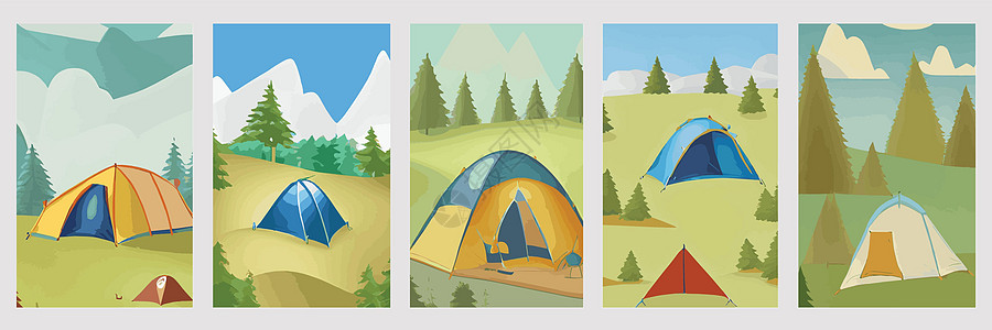 在森林空地上带帐篷的露营景观 在松林草丛中的帐篷 夏季露营的性质 生态旅游 户外休闲概念 矢量图 一组垂直海报旅游工具营火草图生图片