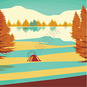 在湖边的秋天露营室外 带有帐篷老式病媒 营地海报 山地 河流 插图公园林地衬套山脉探索成人风景季节森林场景图片
