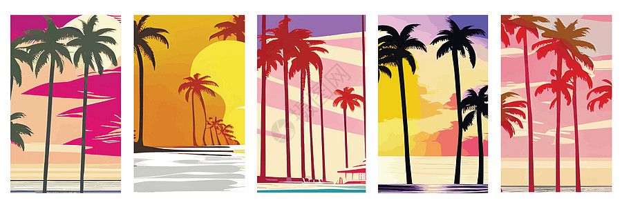 设置垂直反向日落海报 在棕榈树海滩上设定80和90年代的风格 背景摘要 有阳光梯度情调庆典爬坡艺术品异国城市场景景观休息棕榈图片