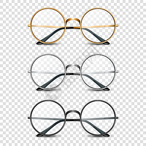 矢量 3d 逼真圆形金色 银色 黑色镜框眼镜套装 男女透明太阳镜 配饰 光学 镜片 复古 时尚眼镜 正视图框架橙子潮人紫色金属设图片