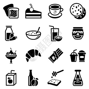 核桃牛奶一组简单的图标 主题为糖果 饮料 食物 矢量 设计 收藏 平面 标志 符号 元素 对象 插图 孤立在白色背景上的黑色图标设计图片