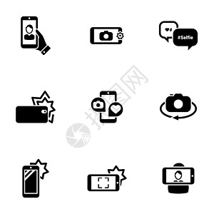 一组简单的图标 主题为自我 照片 相机 电话 移动 交互 技术 矢量 集 孤立在白色背景上的黑色图标图片