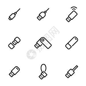 一组黑色矢量图标集 在白色背景上孤立 主题为 Usb插头连接器记忆贮存钥匙磁盘技术口袋港口电脑图片