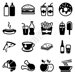 一组简单的图标 主题为快餐 饮料 咖啡厅 酒精 餐厅 糖果 有害食品 美食广场 矢量 套装 孤立在白色背景上的黑色图标图片
