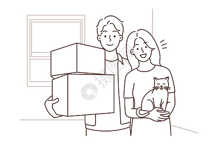 和猫咪一起快乐的一对公寓租赁女士房子妻子家庭盒子绘画卡通片男人图片