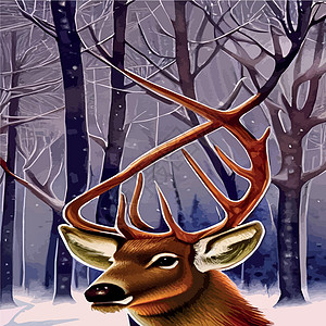 景观与黑暗的冬天北部森林和野鹿肖像 矢量图 北方的野生动物麋鹿墙纸卡通片明信片艺术场景土地荒野松树贴纸图片