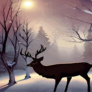 景观与黑暗的冬天北部森林和野鹿肖像 矢量图 北方的野生动物动物牛角季节远足木头驯鹿分支机构顶峰公园松树图片