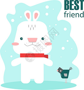 和他的朋友鸟儿一起可爱的冬兔子 手画矢量插图图片