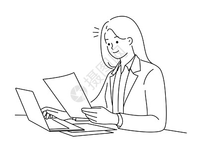 成功的商业女商务人士在笔记本电脑上做文书工作协议工人技术女性合同客户卡通片成人风暴笔记图片