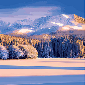 复古圣诞风景宽背景插画复古圣诞风景背景 与回声 白雪皑皑季节插图旅行薄片森林艺术松树远足木头蓝色图片