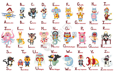 ABC Latin字母缩写可爱动物行业 用平板卡通风格的Az字母图片