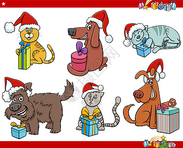 带圣诞礼物的漫画狗和猫图片