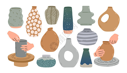 各种陶瓷花瓶 不同形状 波特式车间 陶器轮 手画矢量集 趋势图解设计图片