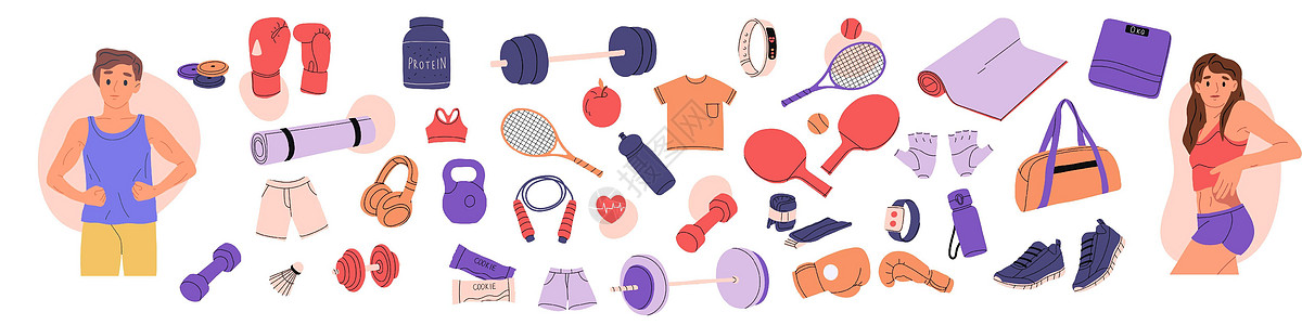 健身房培训设备 锻炼用品 服装和体育设备 平方矢量一插图图片