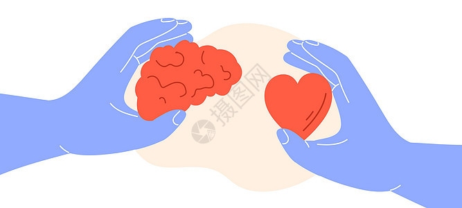 手握着大脑和心脏 健康的概念 平坦的矢量图解 (笑声)图片